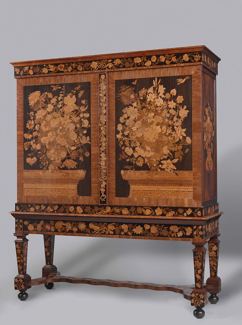 Gabinete con jarrones de flores incrustados, madera, Jan van Mekeren