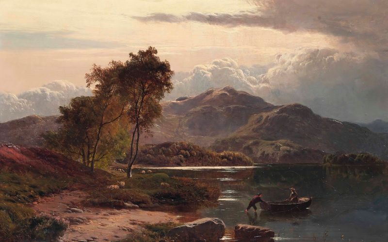 Landscape with a rustic boat on a lake, oil painting by Sidney Richard Percy