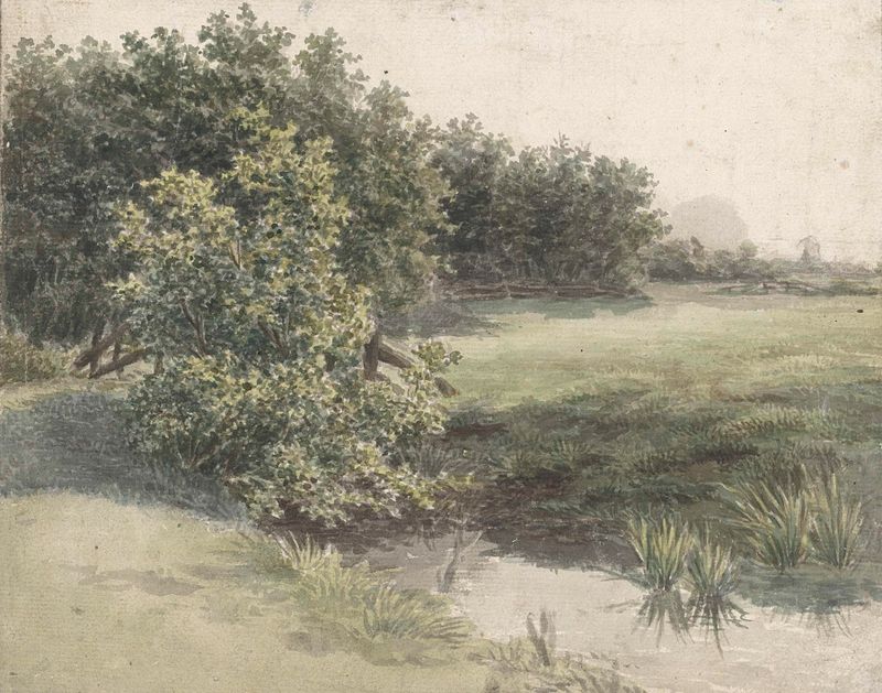 Paisaje con ribera y vegetación, pintura al óleo de Gerardina Jacoba van de Sande Bakhuyzen