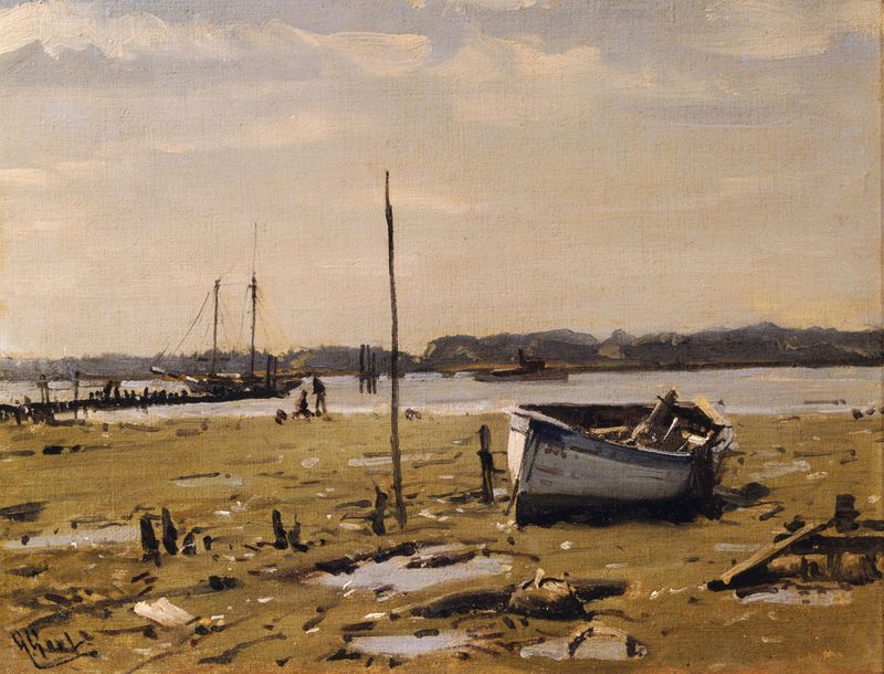 Marine scene depicting boats at the shore, oil painting by William Gilbert Gaul
