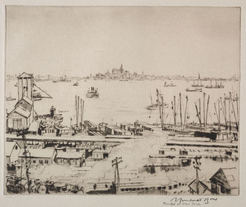 Graphite and ink drawing by Muirhead Bone depicting a city skyline under a muted sky.