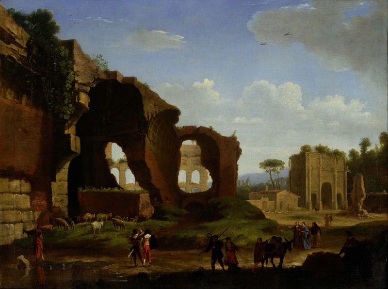 A Roman view of the Temple of Venus and Rome with the Colosseum, oil painting by Herman van Swanevelt