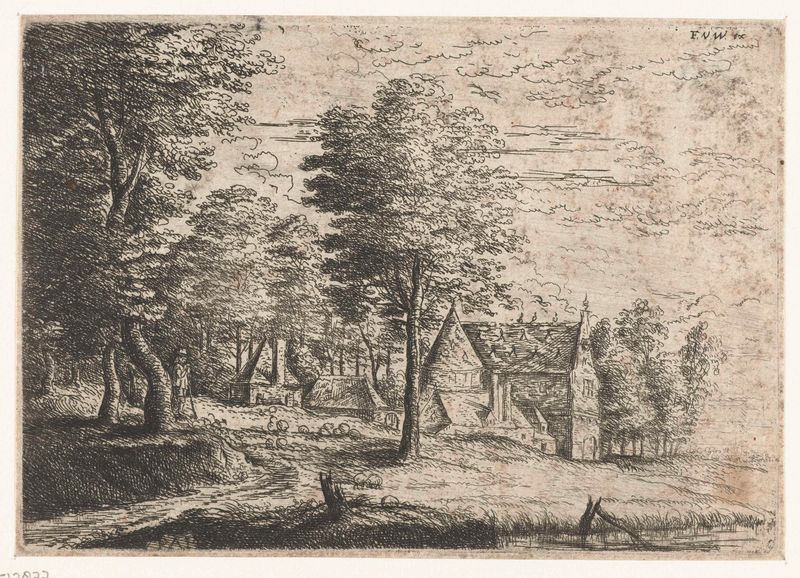 Landschap met een herder en zijn kudde, etching by Philips Augustijn Immenraet depicting a shepherd with sheep.