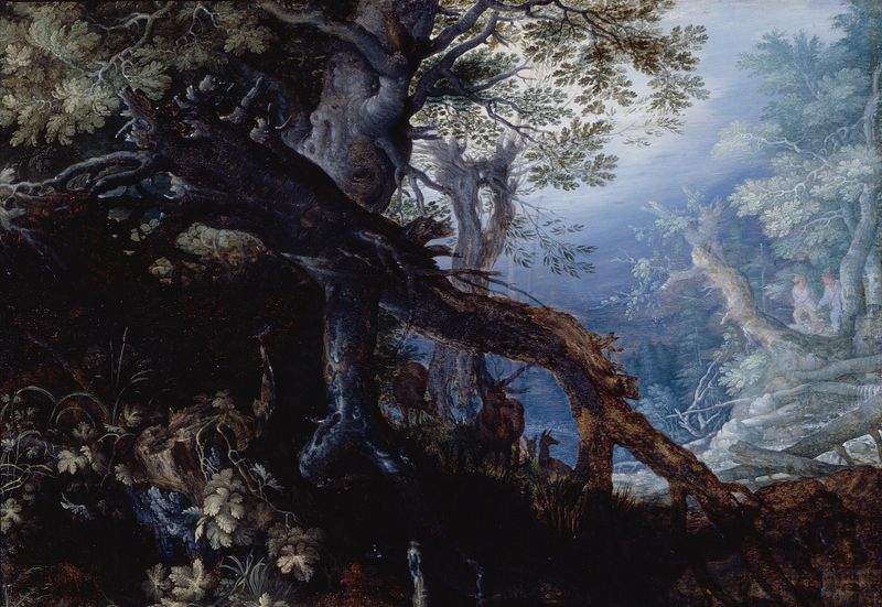 Forest with Deer by Roelant Savery, oil painting depicting a tranquil forest scene with deer.
