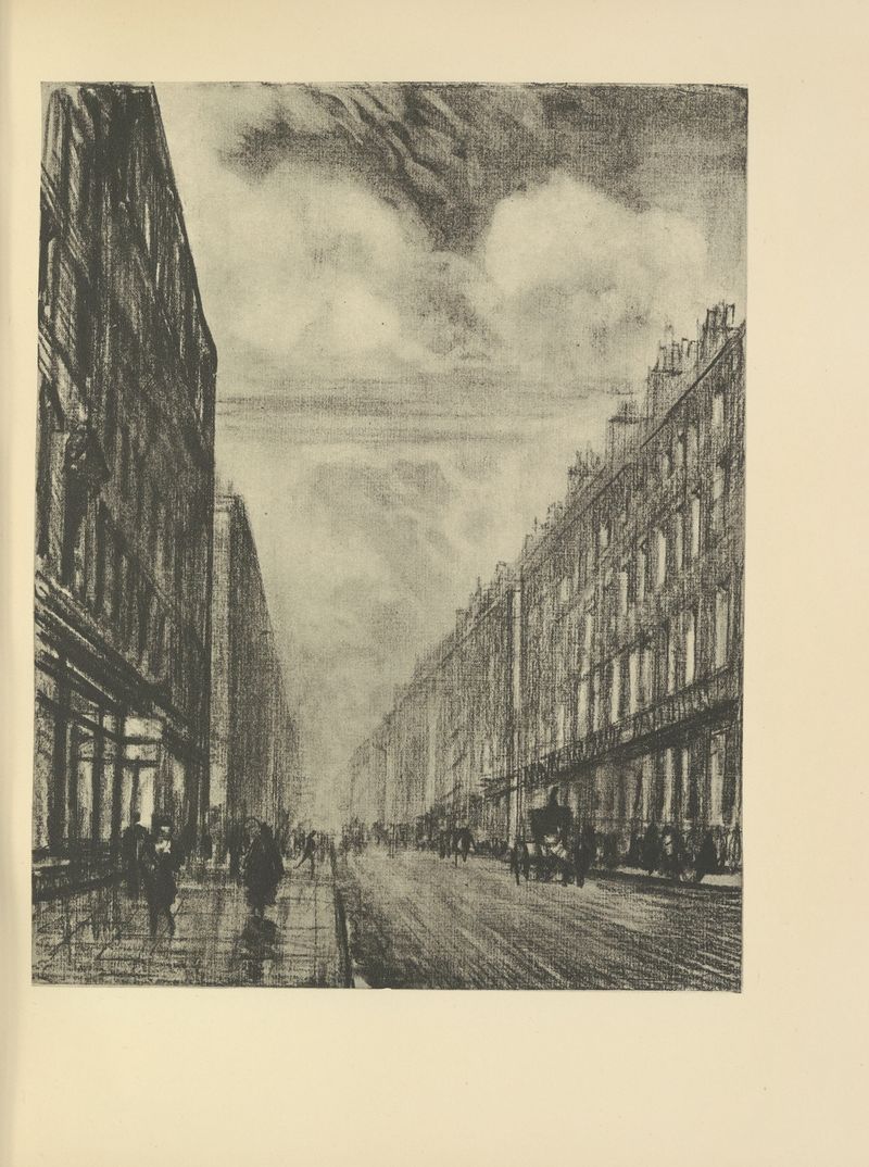 Escena de género que representa la vida urbana con tonos dorados de Joseph Pennell, 1928