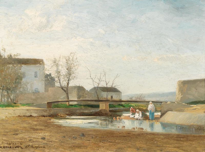 Washerwomen By The River de André Maglione, pintura a óleo impressionista retratando mulheres à beira do rio.