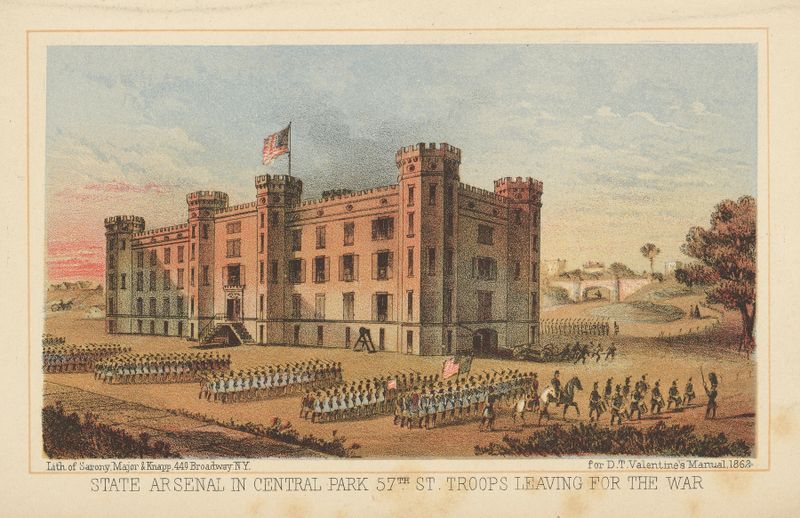 Lithograph by Sarony, Major & Knapp Lith showing troops leaving for war in Central Park.