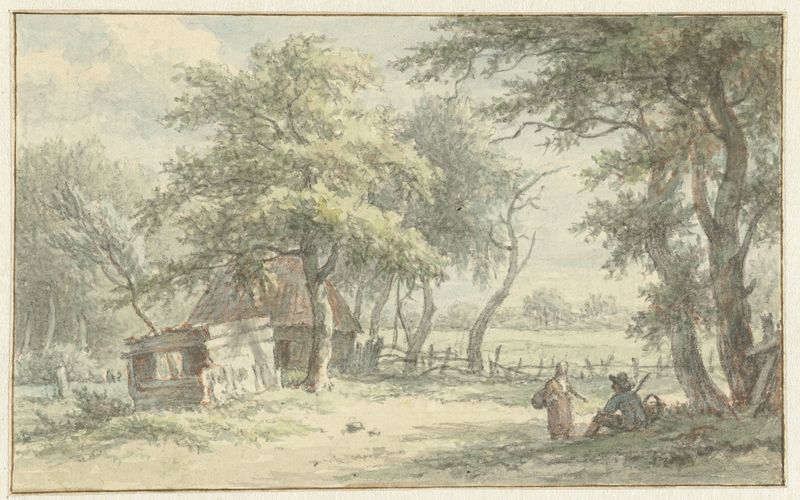 Genre scene with figures near a hut, oil painting by Egbert van Drielst