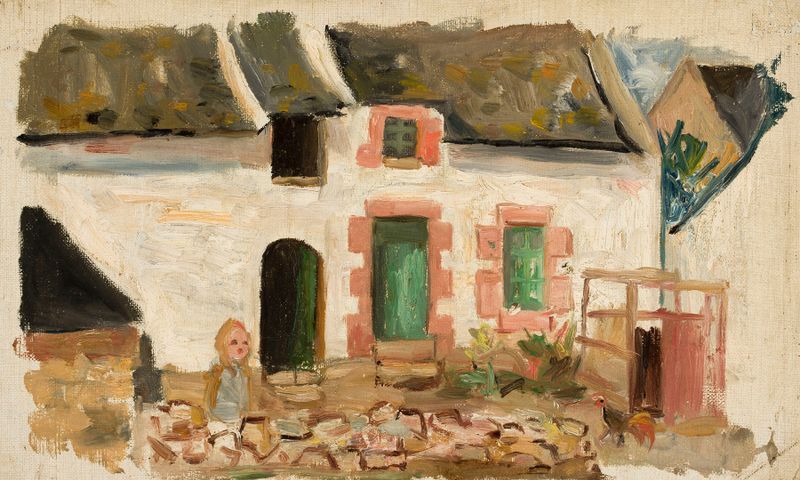 Figurative oil painting by Tadeusz Makowski depicting a child in front of a home