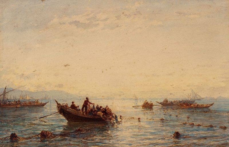 Cena marinha com barcos em um mar tranquilo de Félix Ziem, pintura a óleo