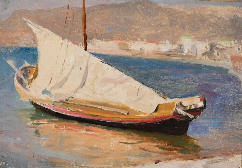 Barco de vela en el mar, óleo sobre lienzo de Jan Ciągliński