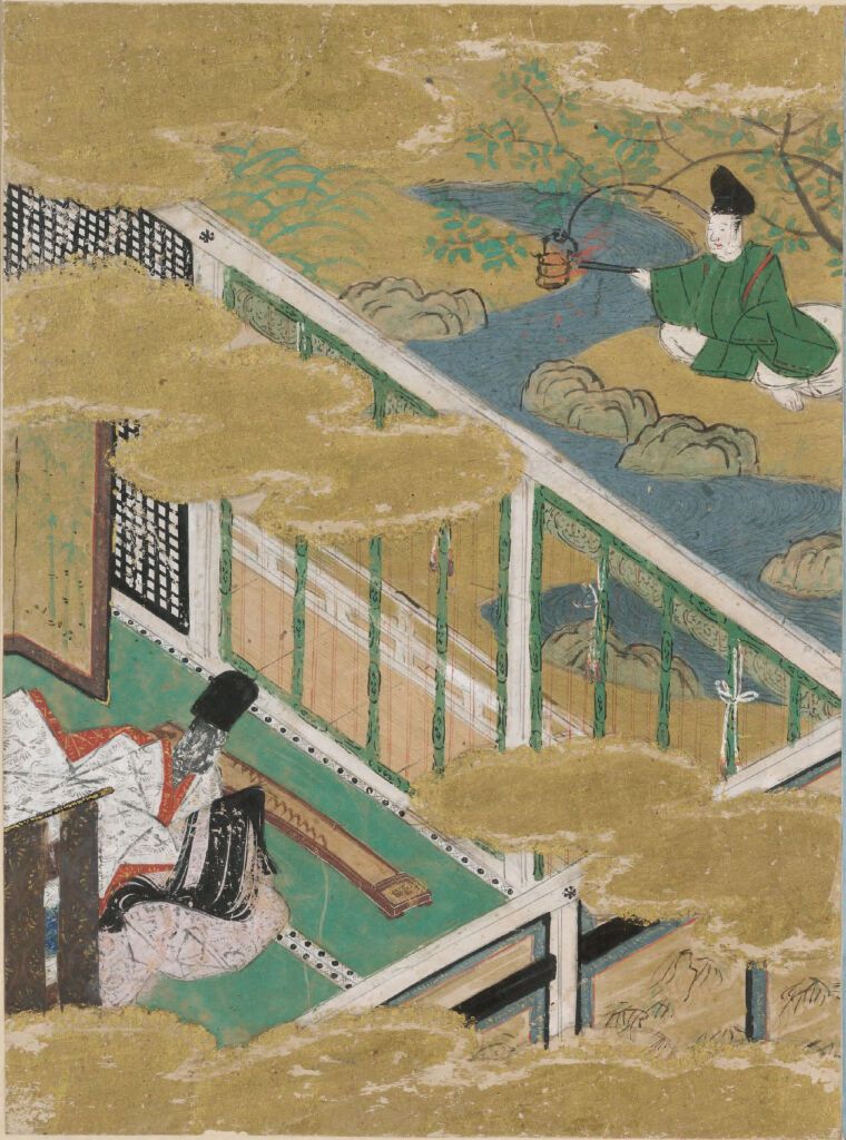 Gold illustration by Tosa Mitsunobu depicting figures in flowing garments and a cresset.