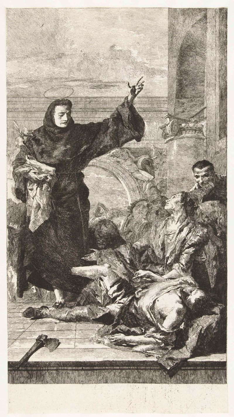 Heilige Antonius van Padua verricht wonder, etching by Lorenzo Baldissera Tiepolo showing a saint performing a miracle.