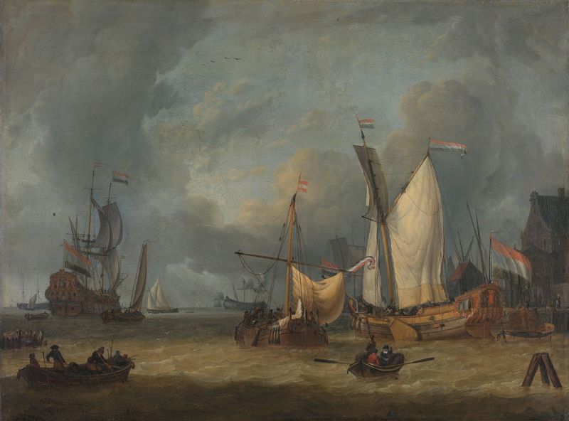 A Storm by Jan Claesz. Rietschoof, depicting ships in a harbor during a storm, oil painting