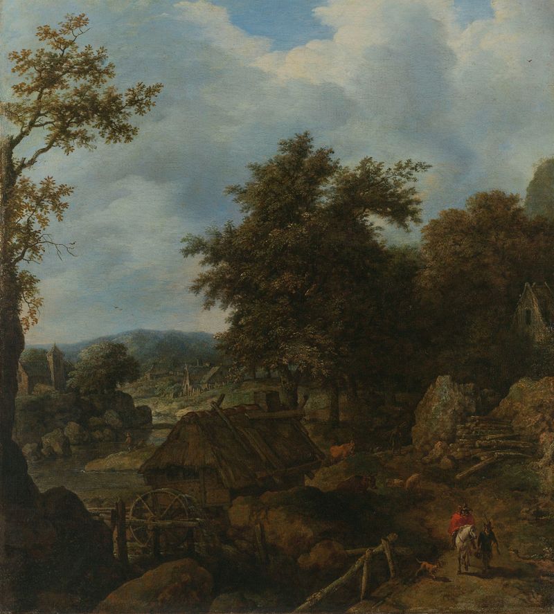 Swedish Landscape with a Water Mill by Allaert van Everdingen, oil painting depicting a tranquil water mill.