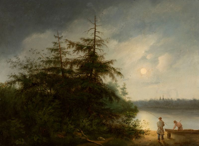 Paisaje nocturno con pescadores, óleo sobre lienzo de Fyodor Alekseyev