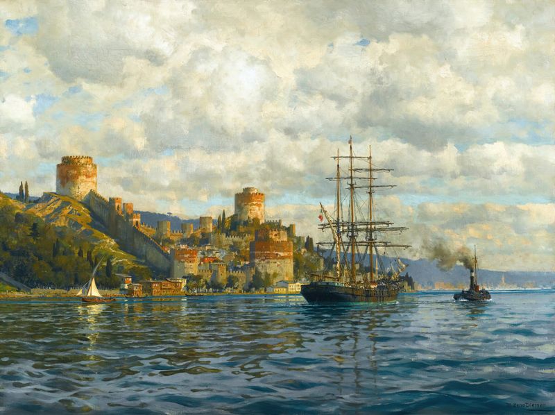 View Of The Bosphorus With Rumelihisari, oil on canvas by Michael Zeno Diemer