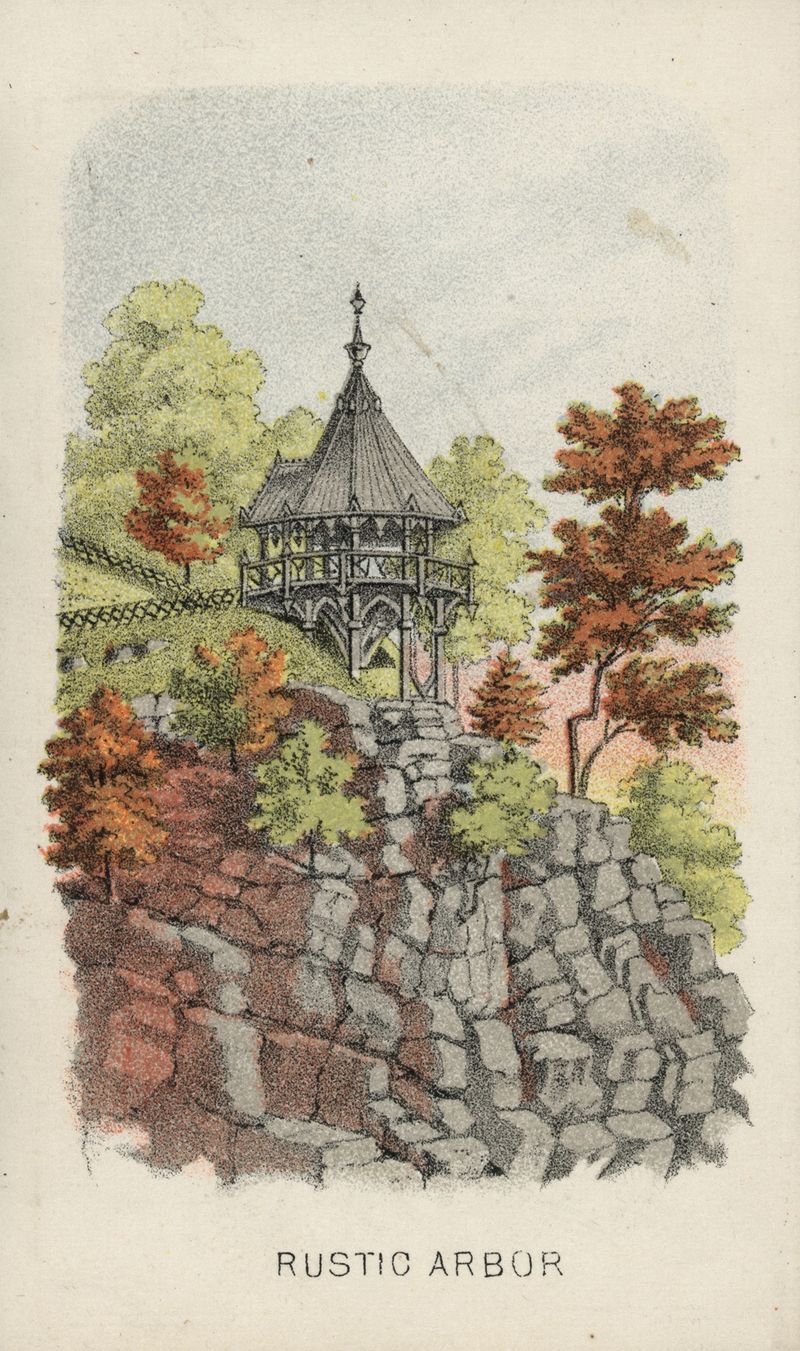 Rustic Arbor by John C. Sinclair, oil painting depicting a wooden arbor surrounded by lush greenery.