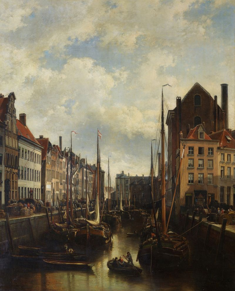 Landscape oil painting by Jean Michel Ruyten depicting a river and cityscape