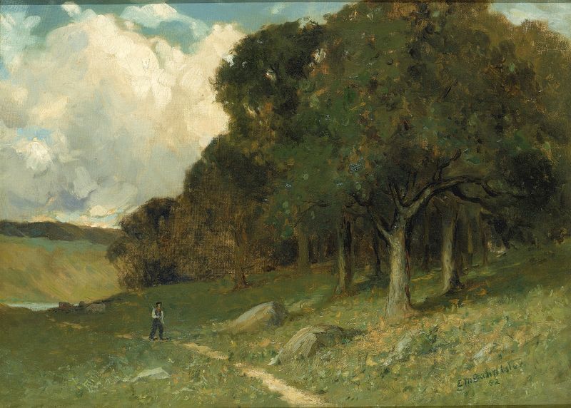 Pintura al óleo de Edward Mitchell Bannister que muestra a un hombre en un camino con árboles al fondo.
