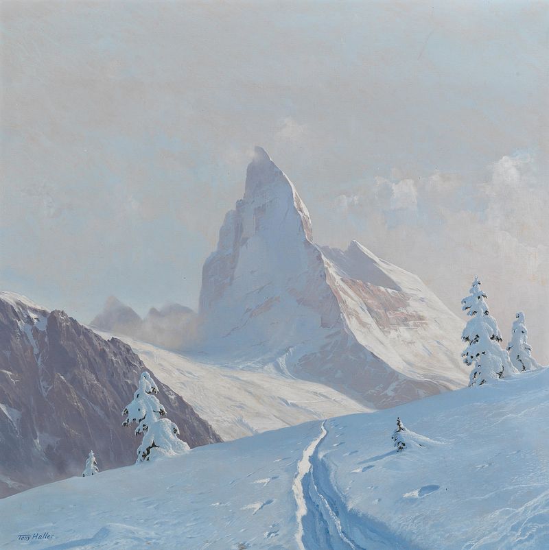 A View of the Matterhorn by Toni Haller, oil painting depicting a majestic mountain landscape.