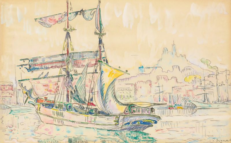 Marseille. Voilier de Paul Signac, retratando um veleiro no mar, pintura a óleo