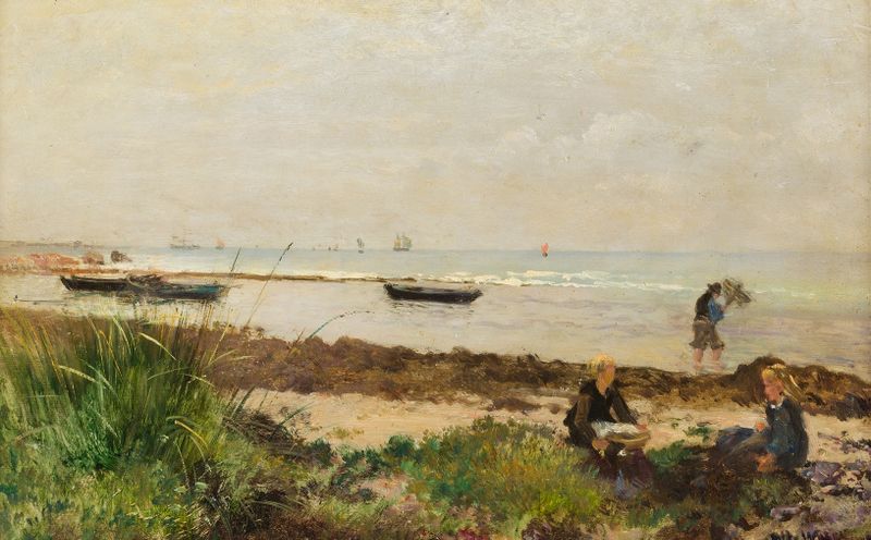 Oil on canvas by Alfred Wahlberg depicting a beach scene with sunset and waves