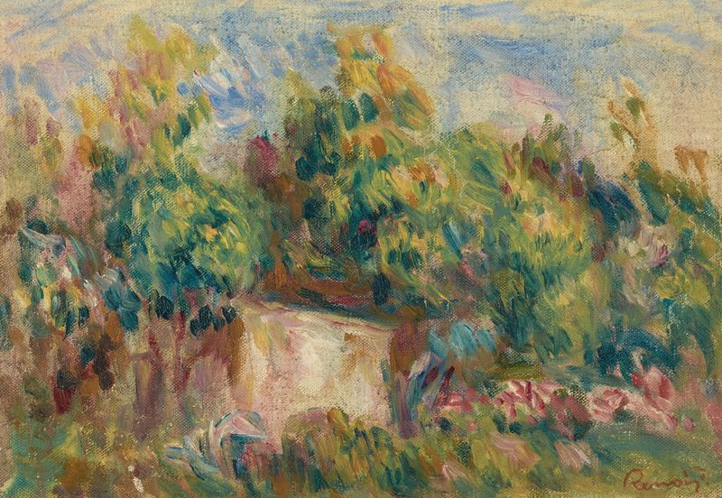 Cabanon près des Colettes, óleo sobre lienzo de Pierre-Auguste Renoir, que muestra una cabaña rústica a la luz del sol.