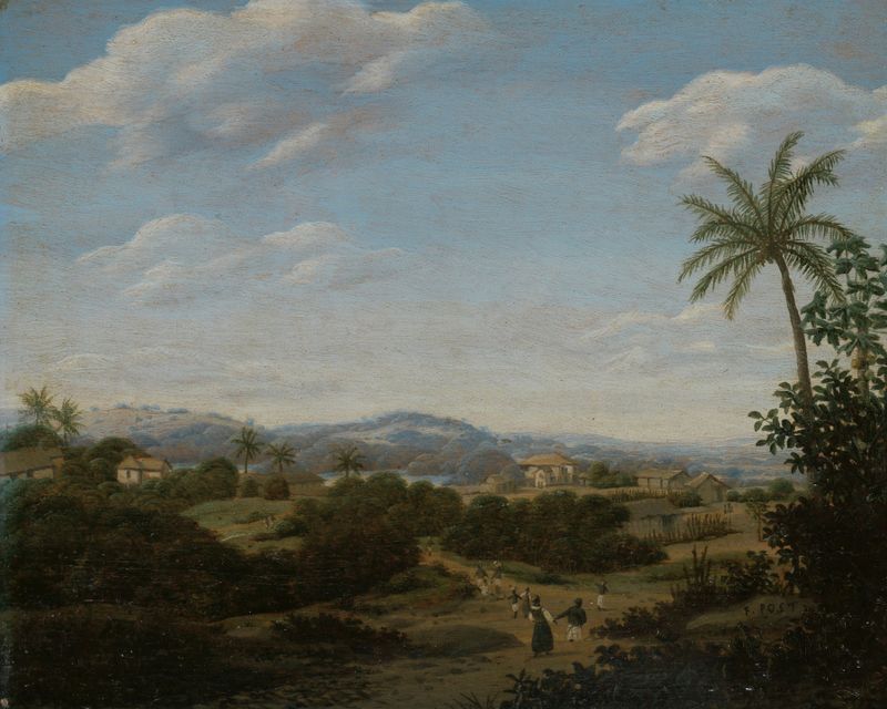 Brazilian Landscape by Frans Post, oil on canvas depicting lush greenery and sunlight.