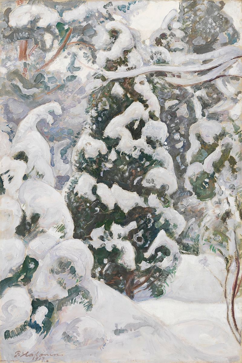Juniper Tree in Snow by Pekka Halonen, depicting a juniper tree in a snowy landscape, oil painting