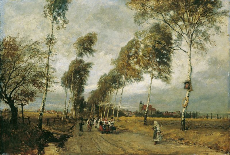Landscape with birch trees along a winding road, oil painting by Hugo Charlemont