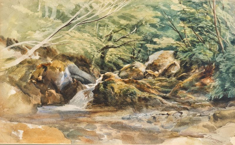 A torrent and shrubs, study de Ludwig Correggio, acuarela sobre papel que muestra un torrente y arbustos vibrantes.
