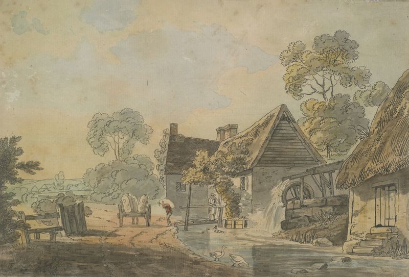 Water Mill de Charles Tompkins, óleo sobre tela representando um rio tranquilo e um moinho.
