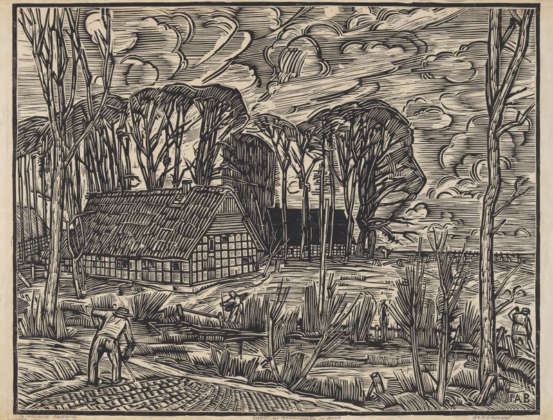 Westfalian Peasant Homestead in Autumn by Peter August Böckstiegel, oil painting of a rural landscape.