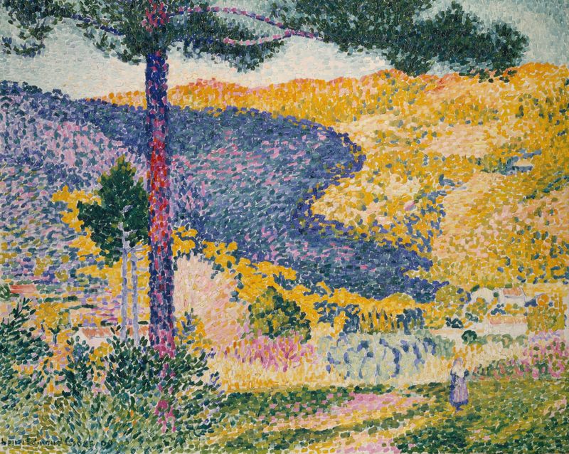 Paisagem com pinheiros e colinas de Henri-Edmond Cross, pintura a óleo