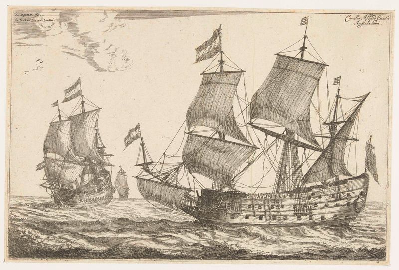 Etching by Reinier Nooms of two large warships at sea