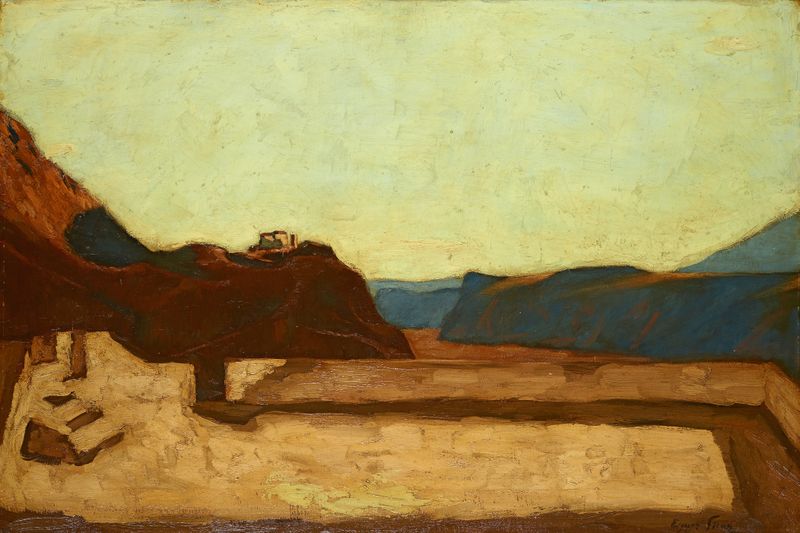 Cena figurativa com figuras em uma colina iluminada por luz dourada de Albin Egger Lienz, óleo, 1922