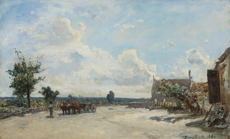 Pintura a óleo de Johan Barthold Jongkind mostrando um caminho sinuoso e árvores