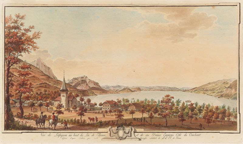 Twilight landscape with Lake Thun and mountains, oil on canvas by Niklaus Sprüngli