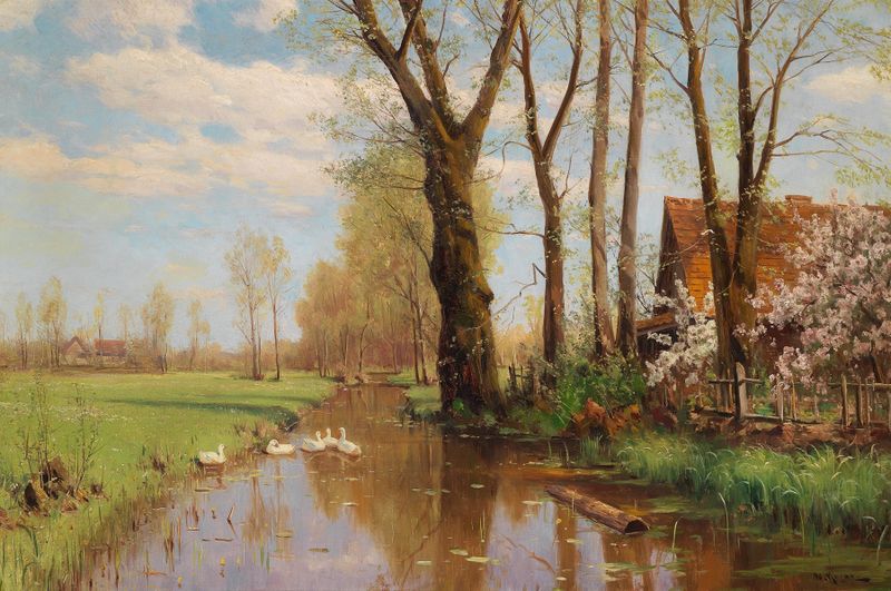 Landscape with a stream and meadow by Walter Moras, oil painting