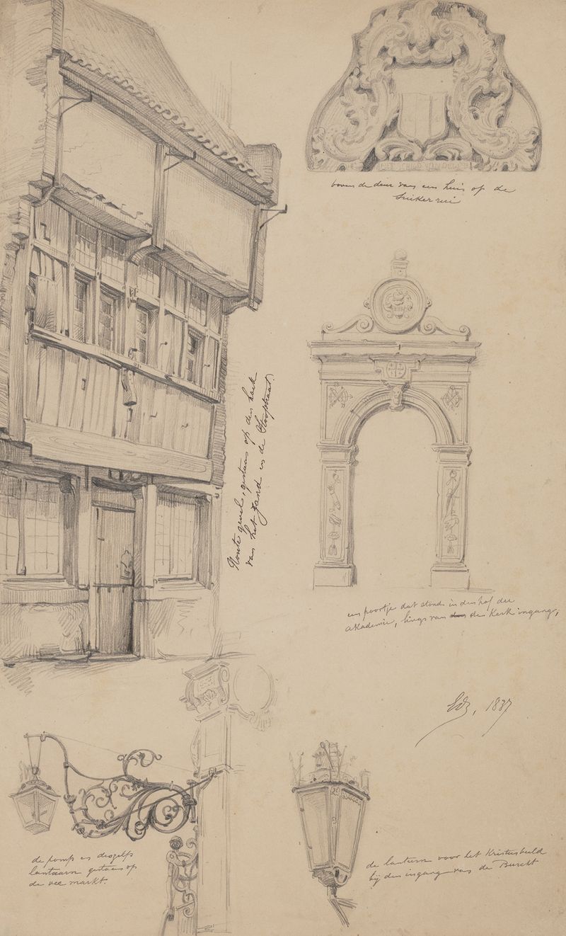 Dibujo arquitectónico de una fachada de madera de Edward Dujardin, tinta sobre papel