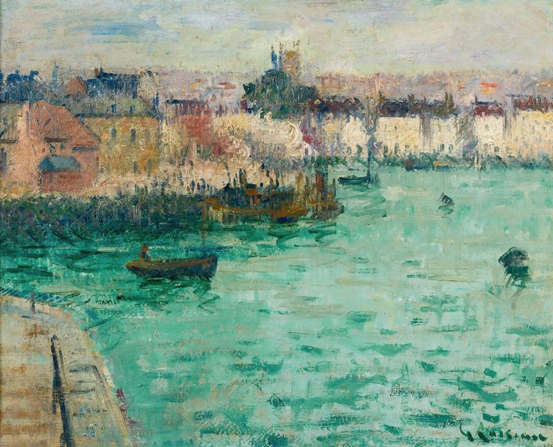Avant Port De Dieppe de Gustave Loiseau, óleo sobre tela, retratando um pôr do sol sobre a água com reflexos vibrantes.
