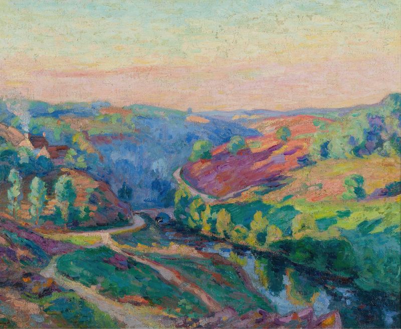 Paisaje óleo de Armand Guillaumin con colinas y un río.