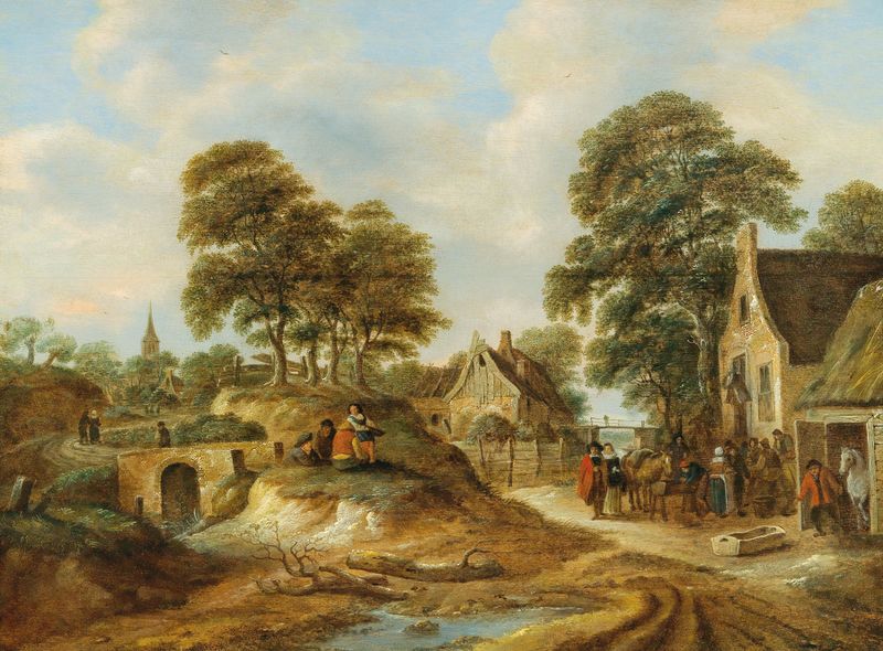 Genre scene of travelers and peasants at an inn, oil on canvas by Nicolaes Molenaer