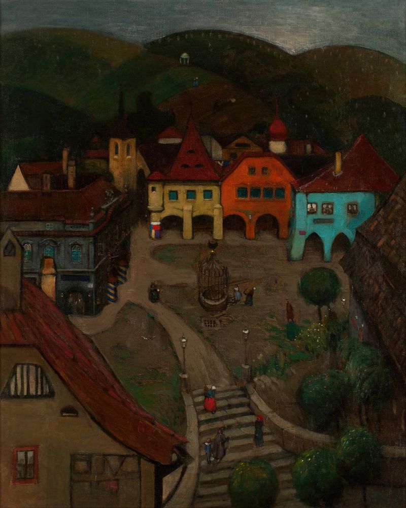Kleine Stadt de Richard Teschner, tinta sobre papel que representa un pueblo con reflejos