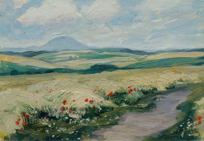 Podřipsko by Ferdinand Engelmüller, oil on canvas depicting deep green hills and golden light.