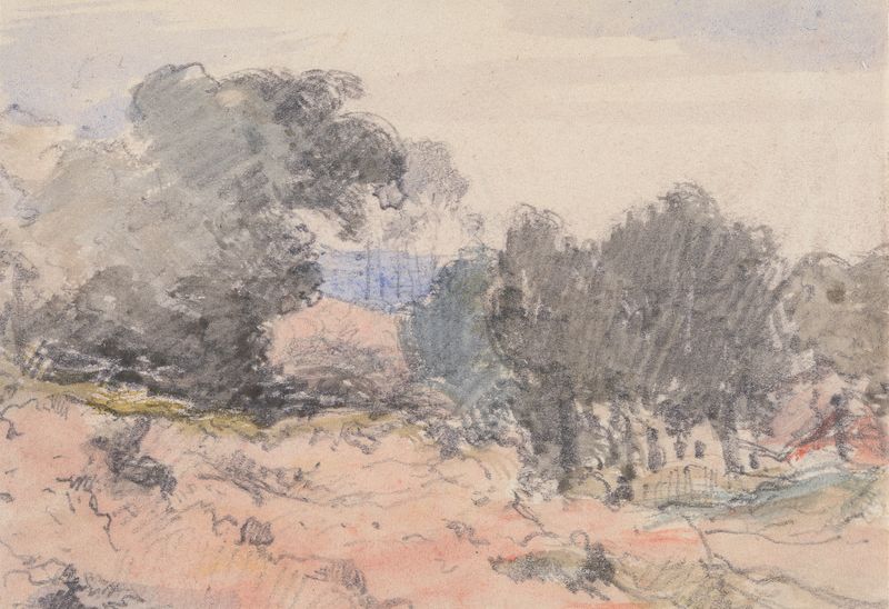 Landscape oil painting by William Collins featuring a house and trees with soft light