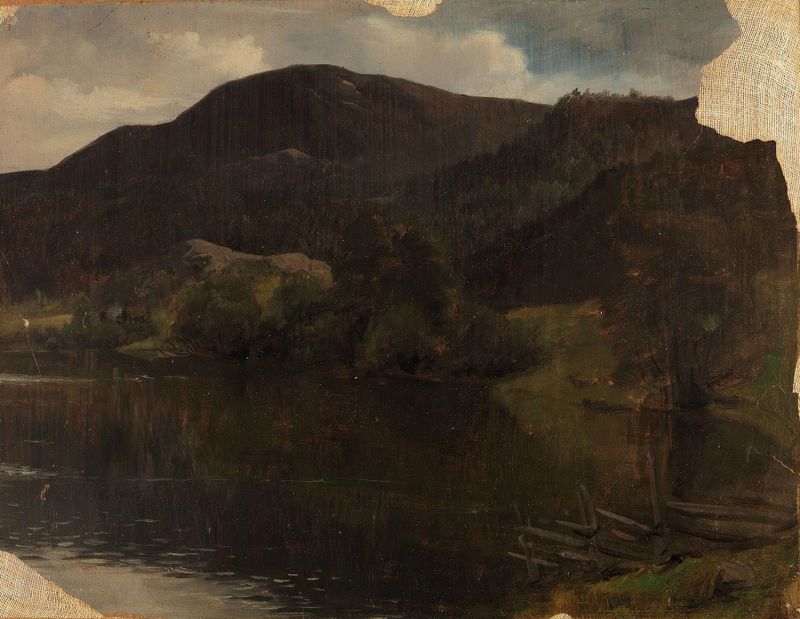 A Lake de Adolph Tidemand, pintura al óleo que representa un paisaje sereno con reflejos en el agua.