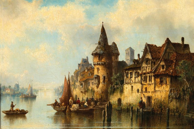 Holländische Flußufer bei Delft by Ludwig Hermann, realism, depicting a river landscape at sunset