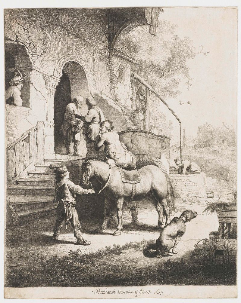 Grabado de Rembrandt van Rijn que muestra a un samaritano ayudando a un hombre herido.